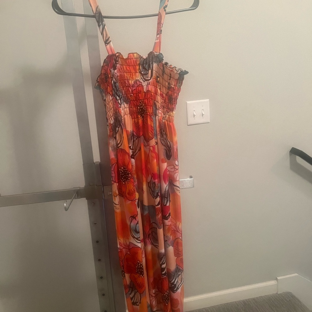 Floral Above-The-Knee Dress Orange, Pink, Red, and Mint with Black Accents